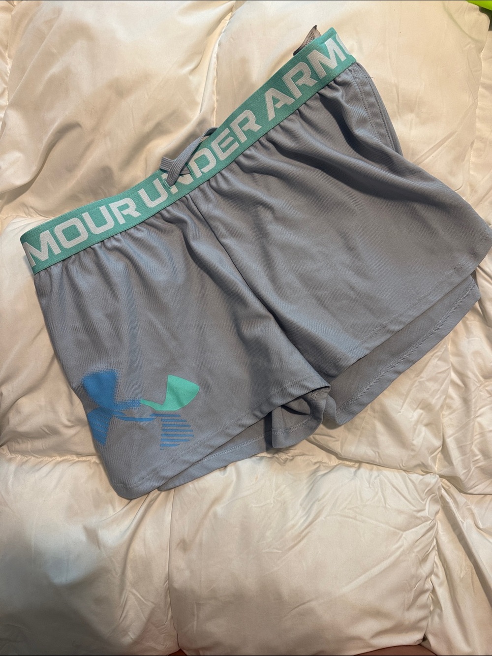 Under Armour Gray Athletic Shorts with Mint Waistband and Blue Logo Accent